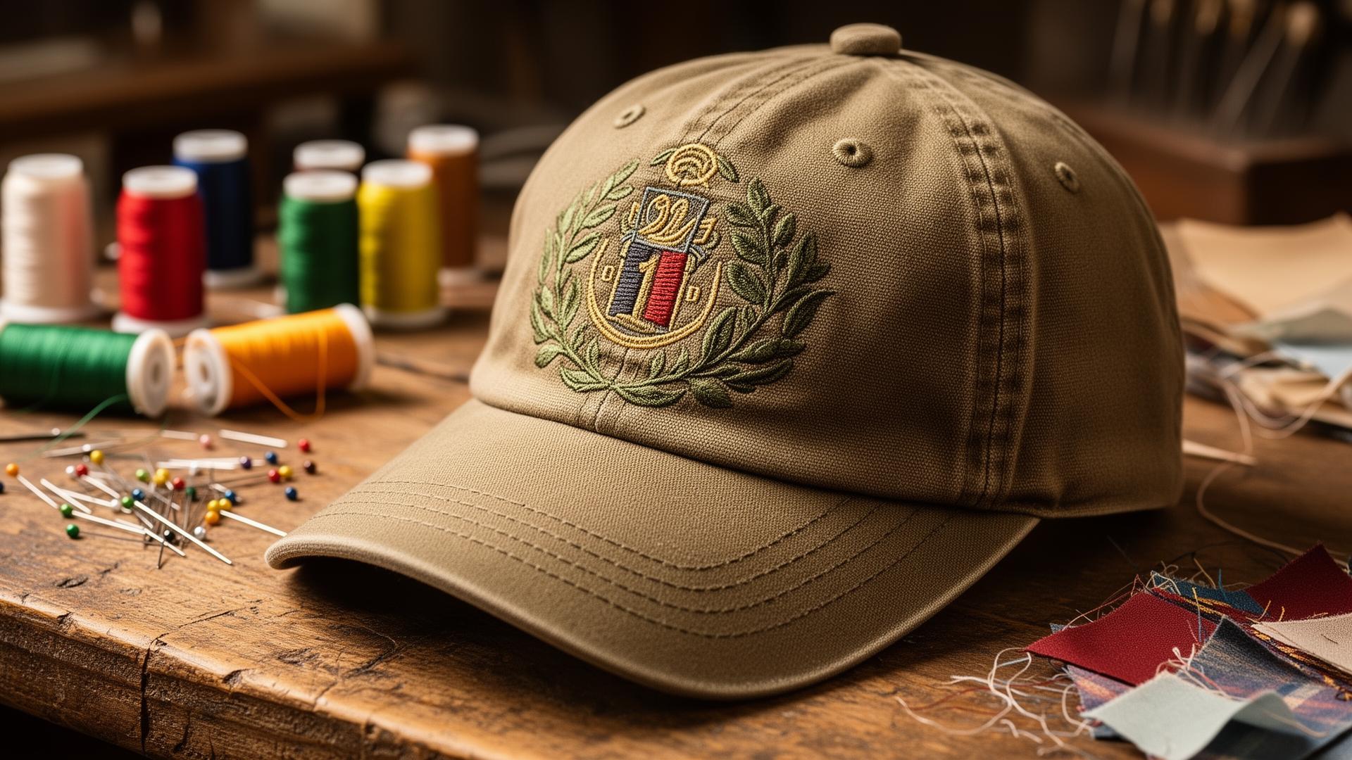Custom embroidered hat on a workbench with colorful thread spools