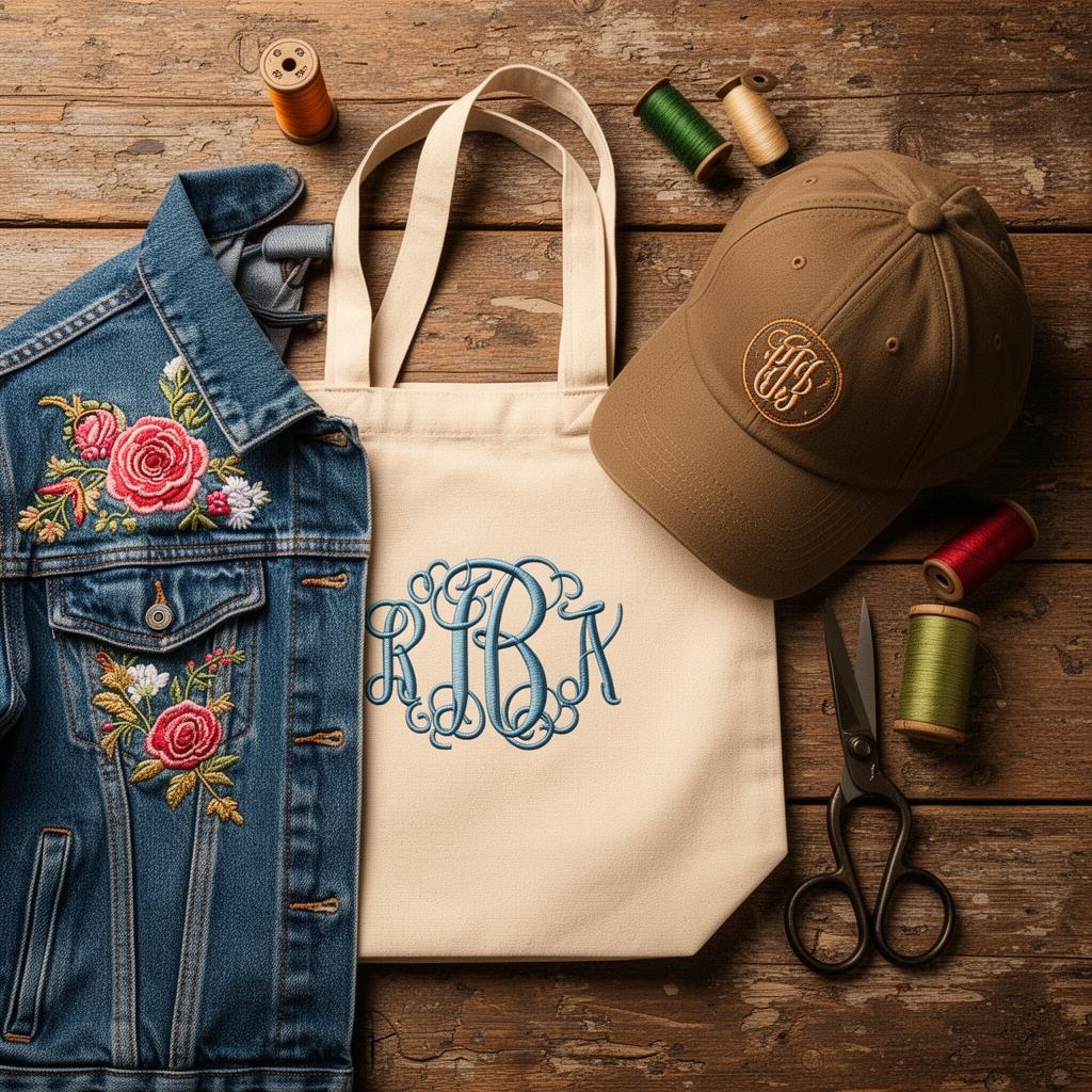 Flat lay of embroidered jacket, monogrammed tote bag, and custom hat